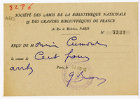 Lettera di Societe des amis de la Bibliotheque nationale et des grandes bibliotheques de Fr