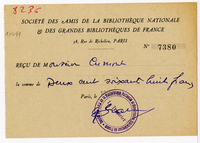 Lettera di Societe des amis de la Bibliotheque nationale et des grandes bibliotheques de Fr